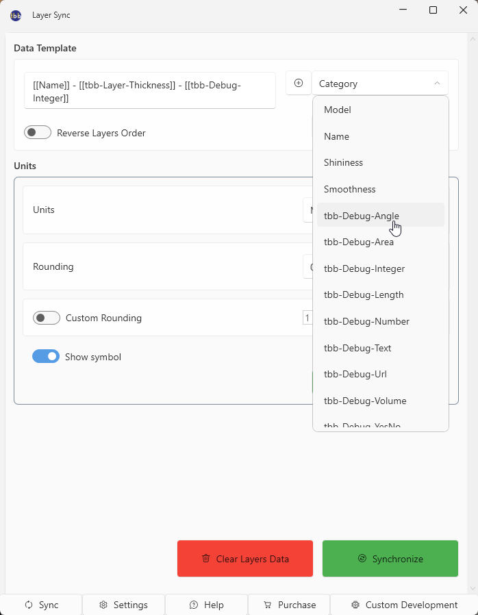 Layer Sync parameter dropdown showing custom material parameters